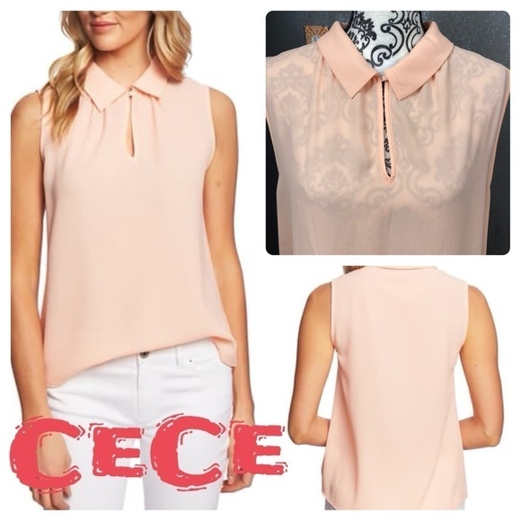 CeCe keyhole sheer pink collared sleeveless blouse - Picture 1 of 9